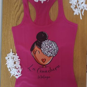 Camiseta tirantes nadadora con la imagen de nuestra simpática Cenachera Malaga. disponible en varios colores